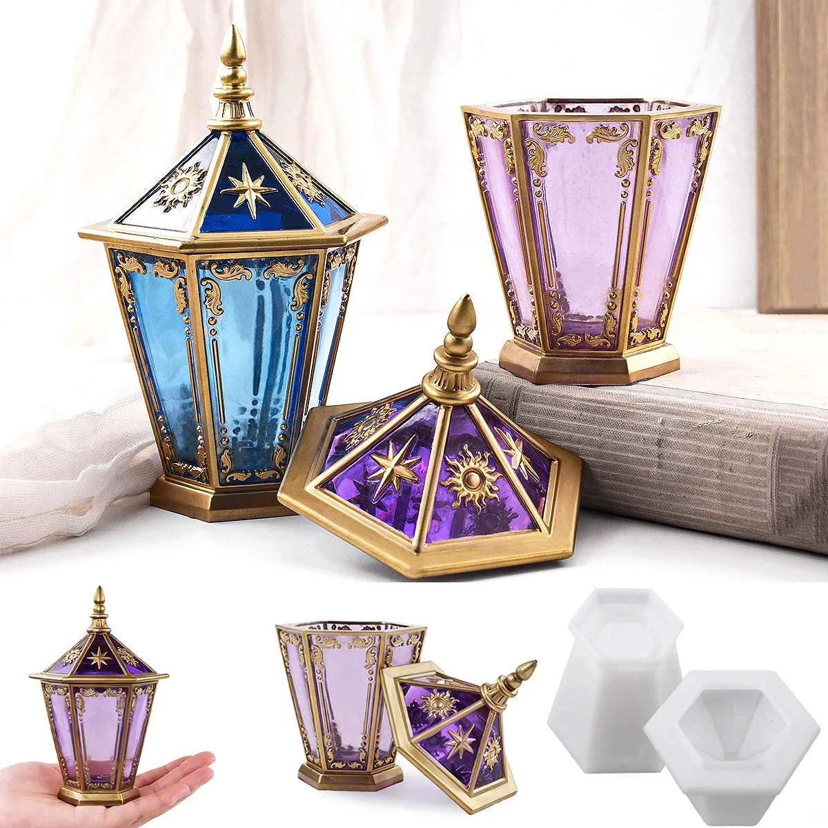 Eid Ornaments Candle Jar Silicone Mold DIY Hexagon Star Moon Relief Jewelry Storage Box Crafts Making Plaster Resin Clay Molds thumbnail 4
