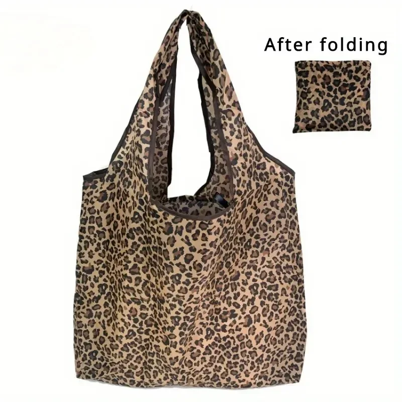 Eco-Friendly Folding Shopping Bag Leopard Print Reusable Portable Shoulder Handbag Grocery Fashion Pocket Tote Storage Bags thumbnail 3