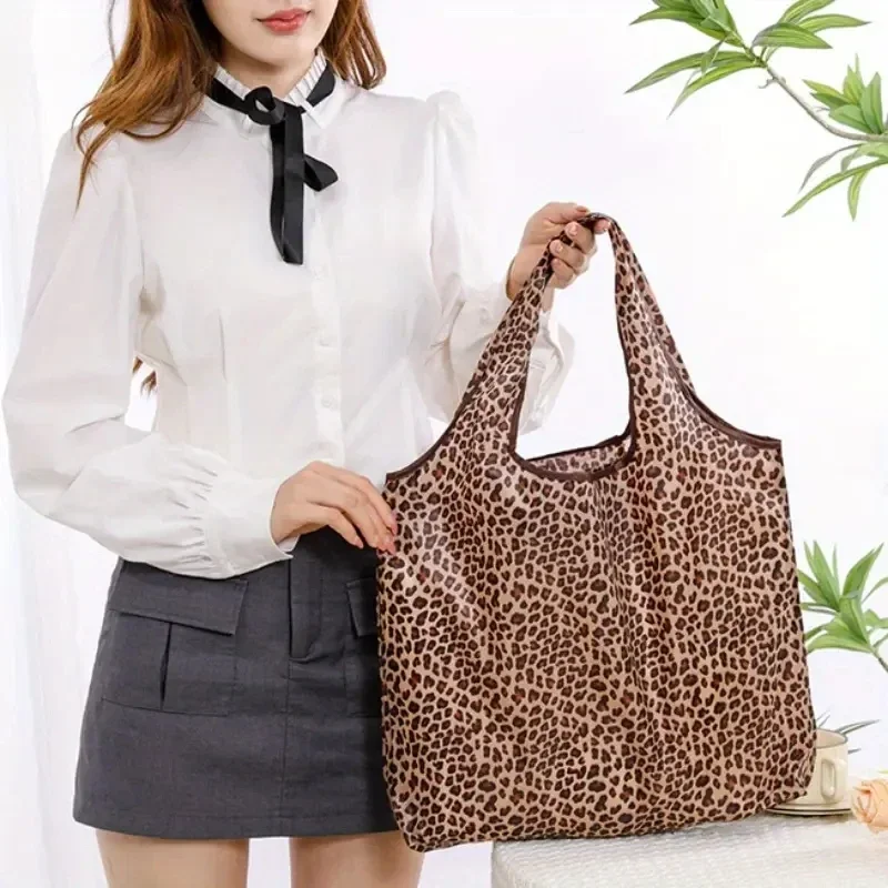 Eco-Friendly Folding Shopping Bag Leopard Print Reusable Portable Shoulder Handbag Grocery Fashion Pocket Tote Storage Bags thumbnail 2