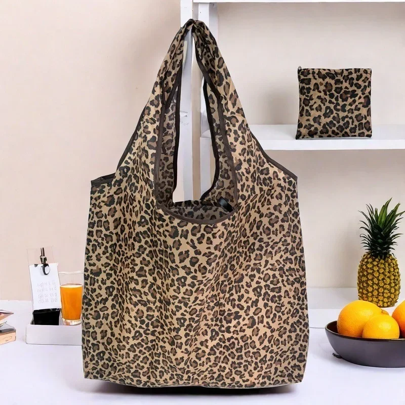 Eco-Friendly Folding Shopping Bag Leopard Print Reusable Portable Shoulder Handbag Grocery Fashion Pocket Tote Storage Bags thumbnail 6
