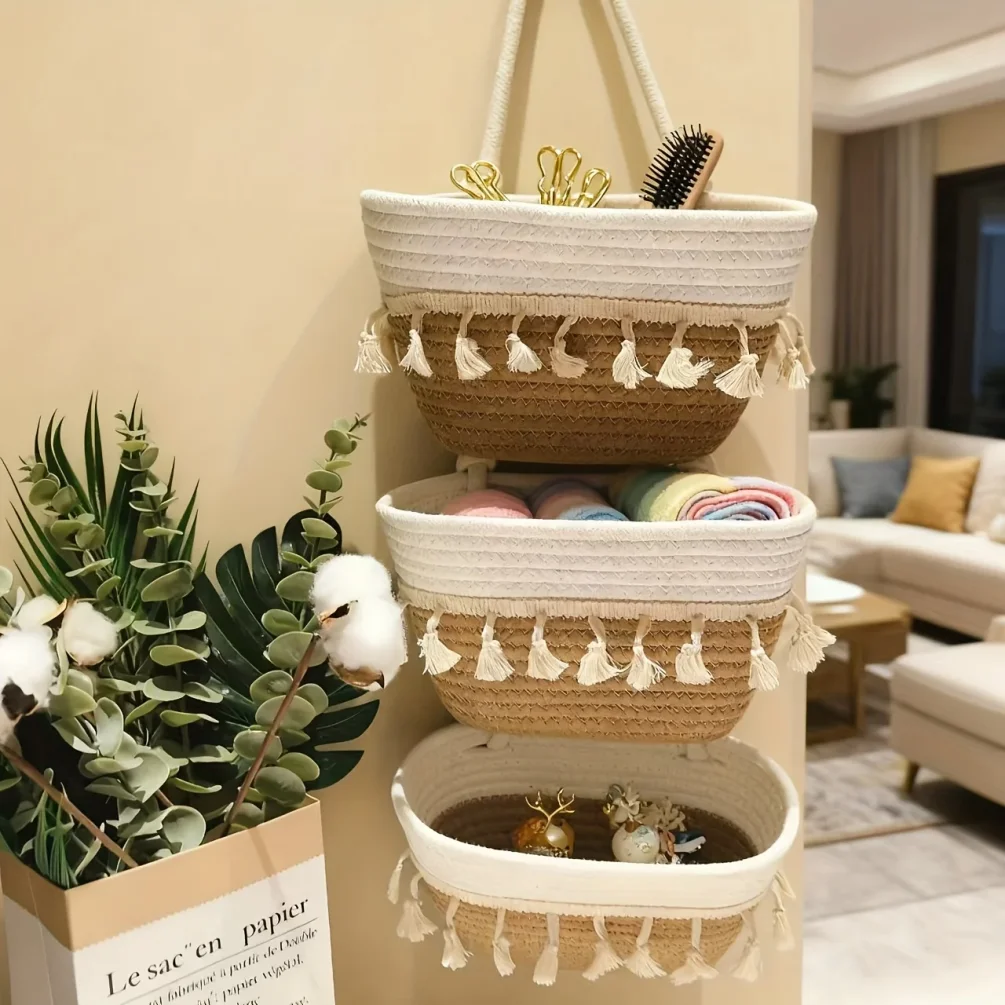 3-Tier Woven Cotton Hanging Baskets Wall-Mounted Storage Organizer for Kitchen Living Room Bedroom Nursery Decorative Organizing thumbnail 5