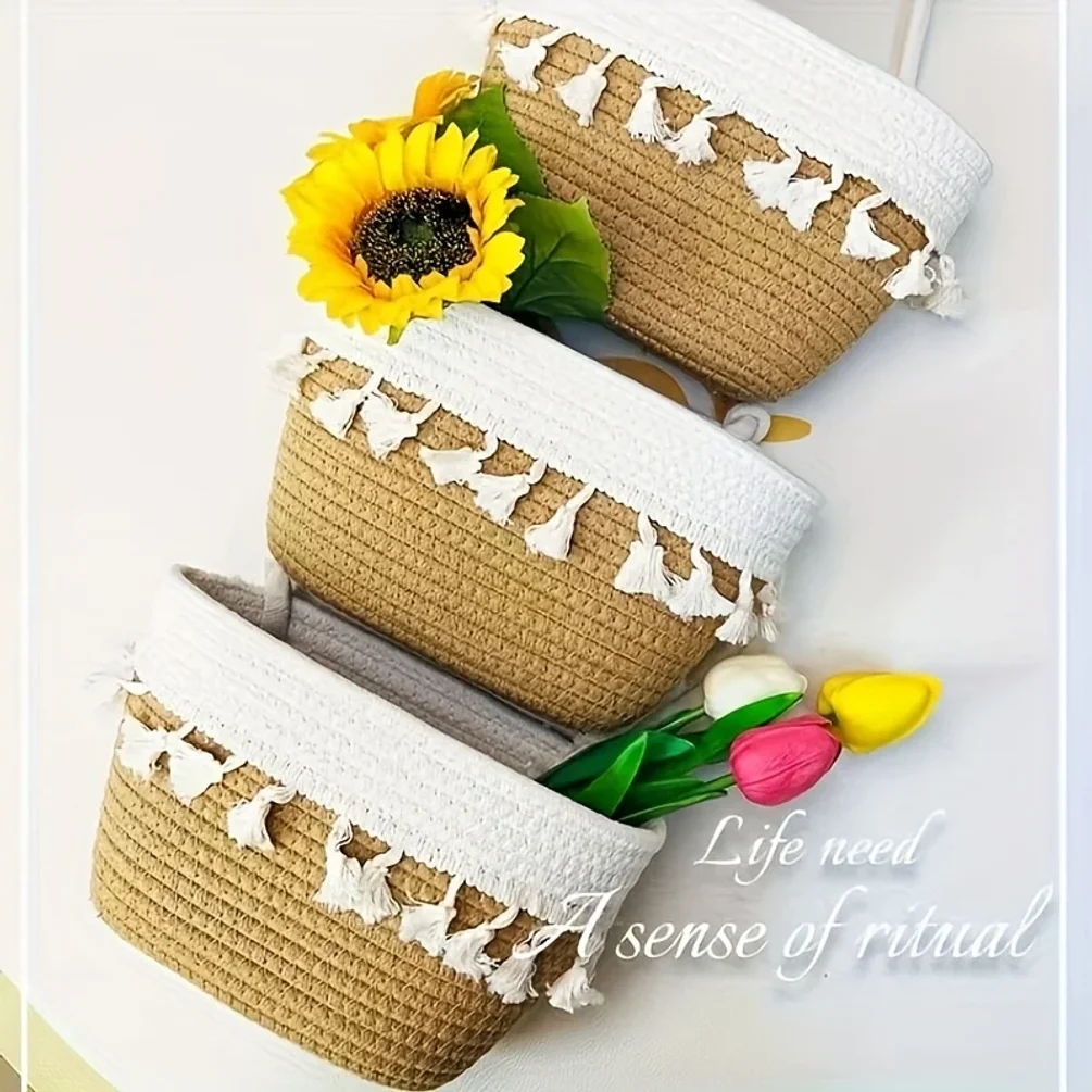3-Tier Woven Cotton Hanging Baskets Wall-Mounted Storage Organizer for Kitchen Living Room Bedroom Nursery Decorative Organizing thumbnail 3