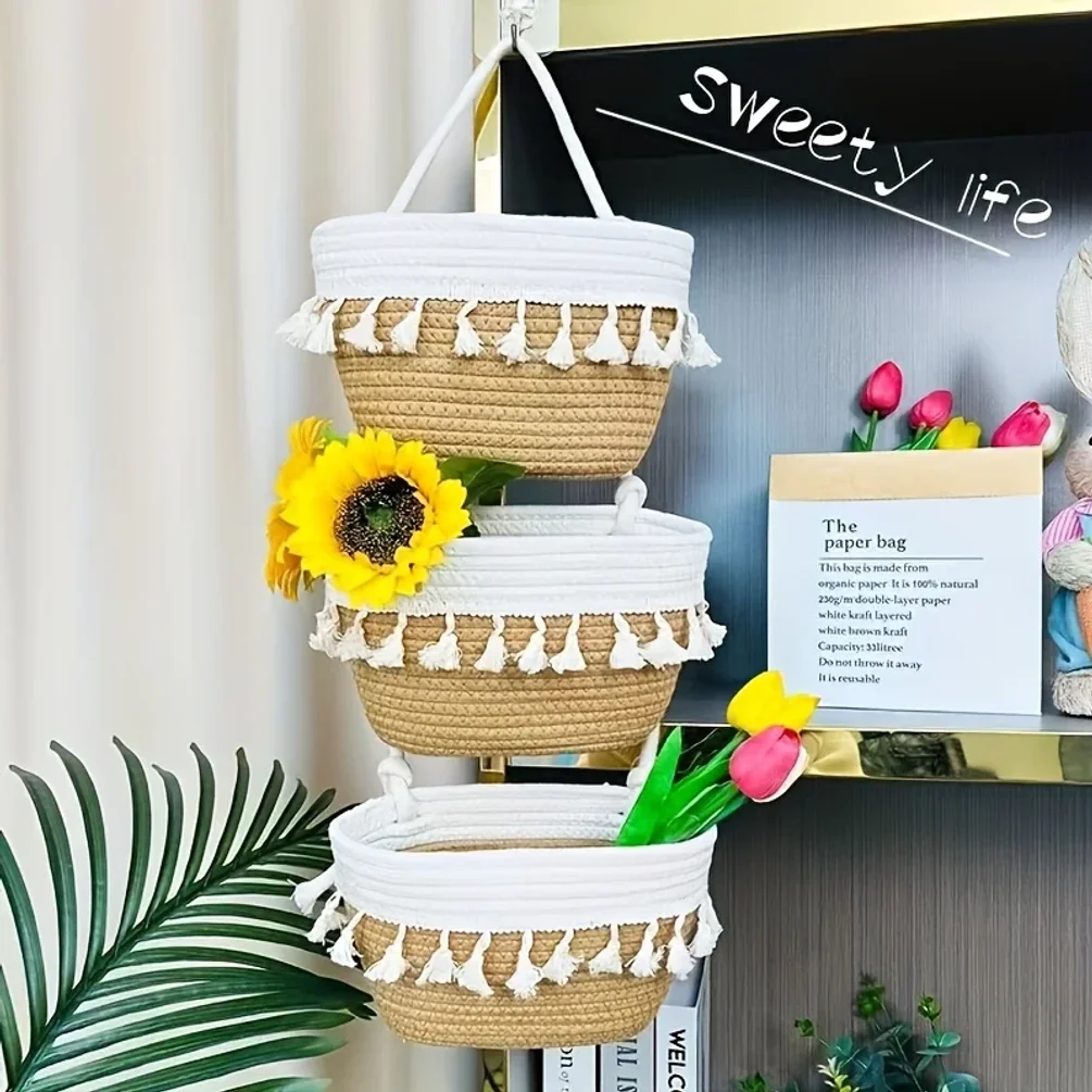 3-Tier Woven Cotton Hanging Baskets Wall-Mounted Storage Organizer for Kitchen Living Room Bedroom Nursery Decorative Organizing thumbnail 2