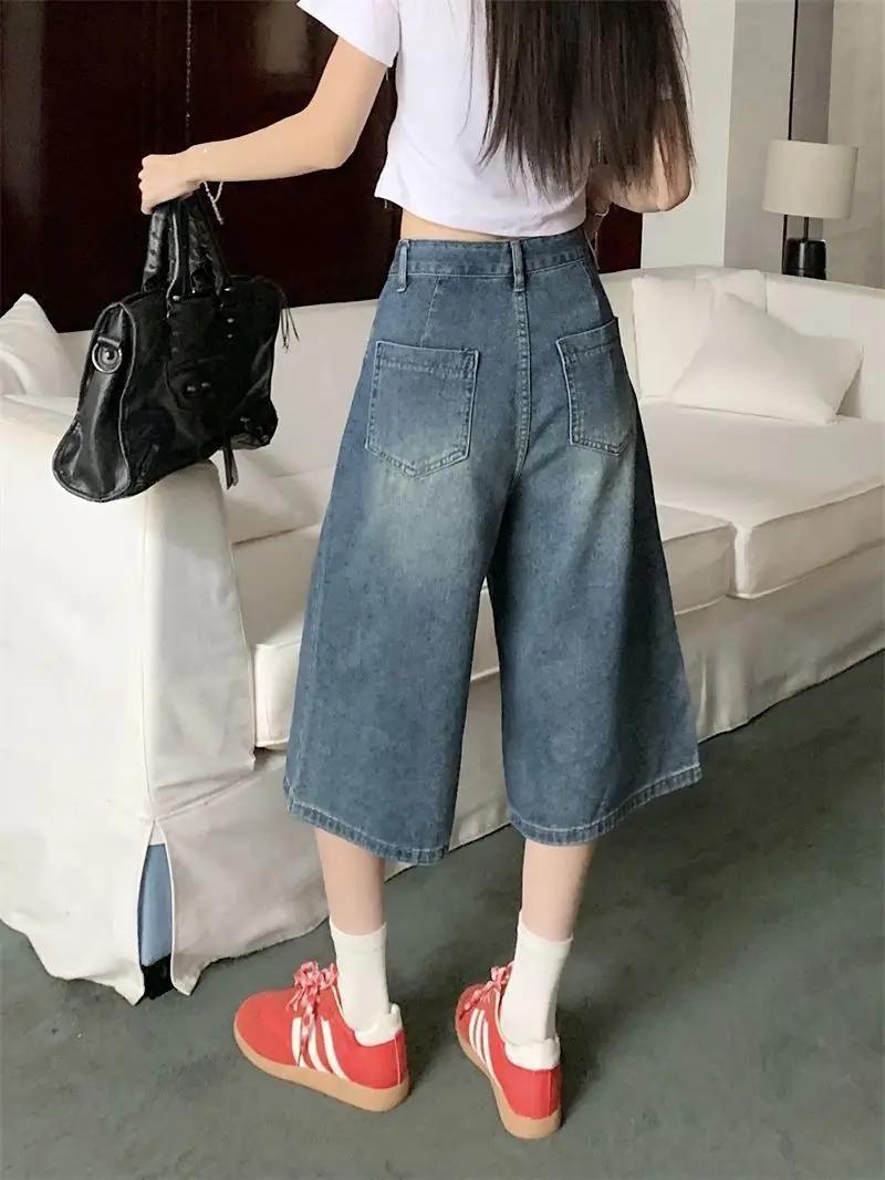 Summer American Style Vintage Women Baggy Jeans Y2k Loose Washed High Waist Knee Length Denim Pants Streetwear Wide Leg Shorts thumbnail 5