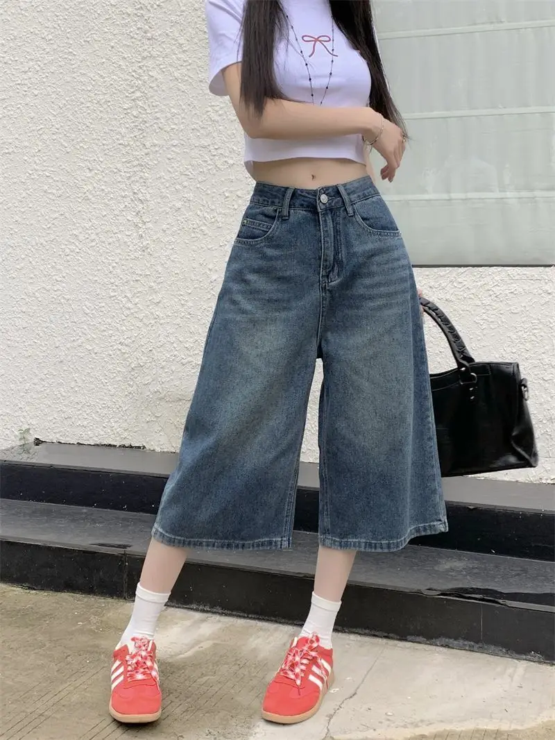 Summer American Style Vintage Women Baggy Jeans Y2k Loose Washed High Waist Knee Length Denim Pants Streetwear Wide Leg Shorts thumbnail 6