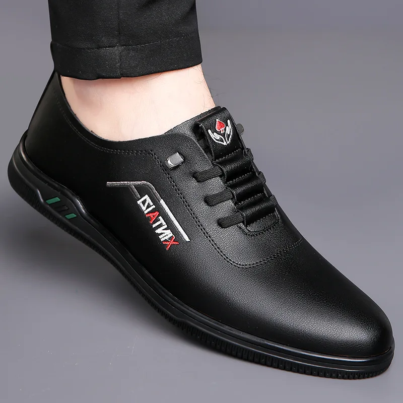 Casual Men's Leather Shoes Soft Bottom Flat Heel Trendy British Style Slip-On Spring Summer Breathable round Toe Korean Style thumbnail 4