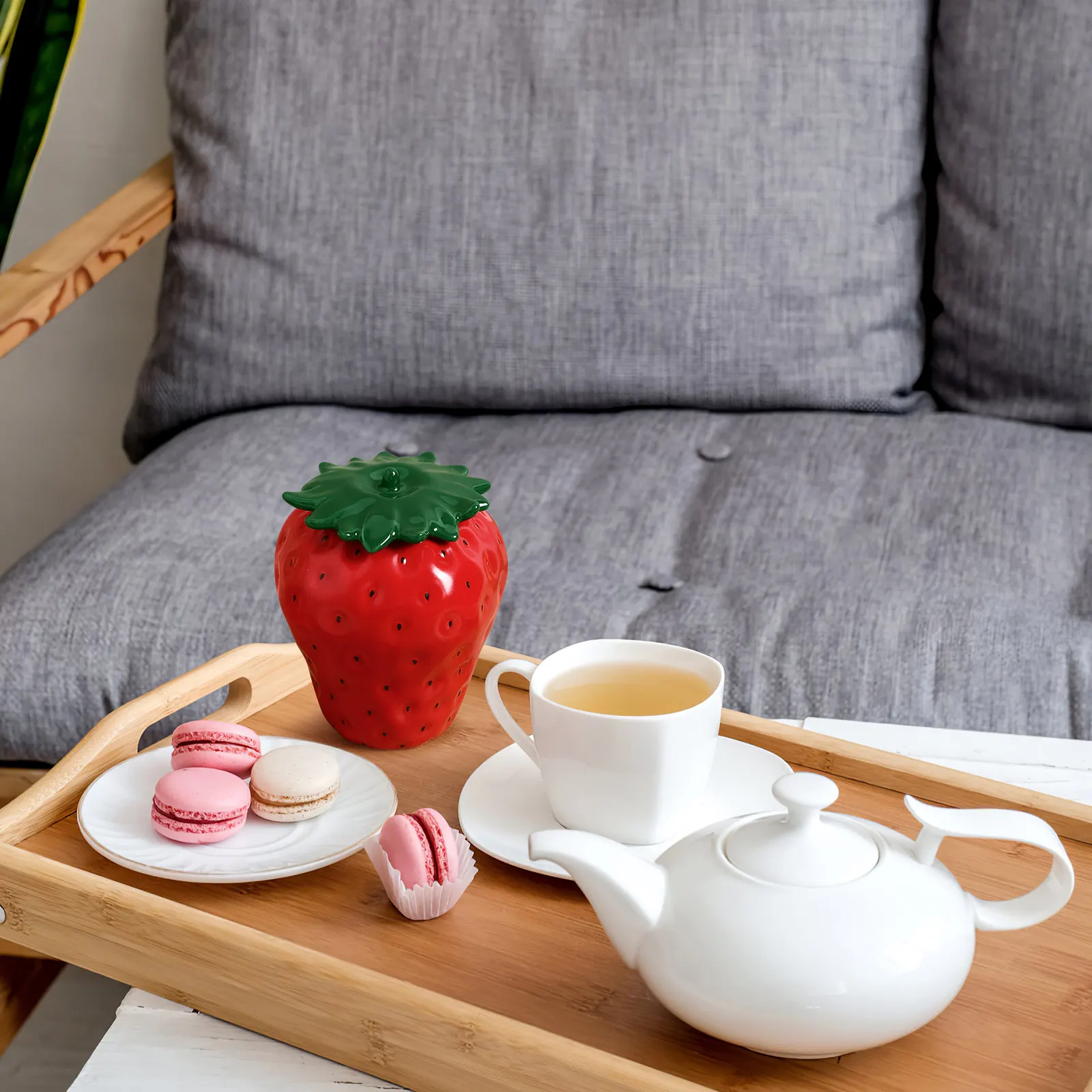 Strawberry Style Ceramic Tea Jar Smooth Round Design Airtight Food Storage Jar for Loose Tea Coffee Cereal Rice Nuts Kitchen Use thumbnail 5