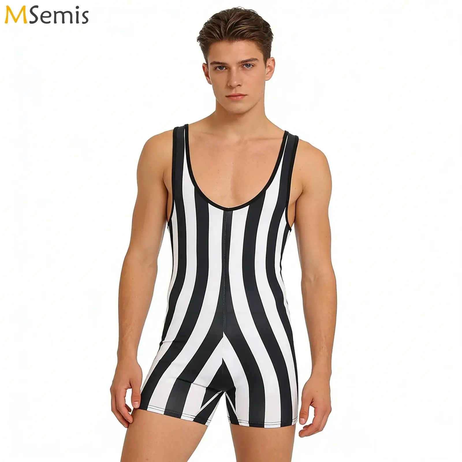 Mens Striped Wrestling Singlet Swimsuit One Piece Athletic Swimwear Slim Fit Boxer Shorts Rompers Bodybuilding Gym Bodysuit