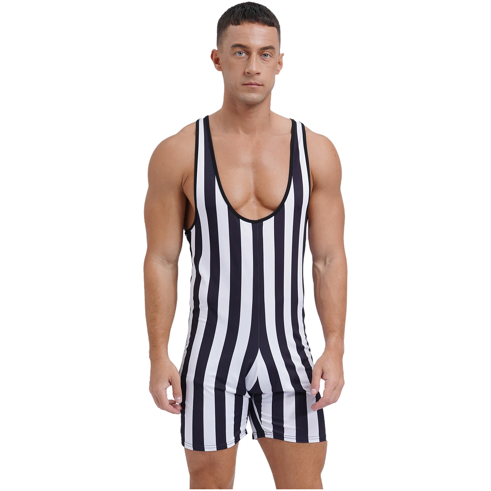 Mens Striped Wrestling Singlet Swimsuit One Piece Athletic Swimwear Slim Fit Boxer Shorts Rompers Bodybuilding Gym Bodysuit thumbnail 2