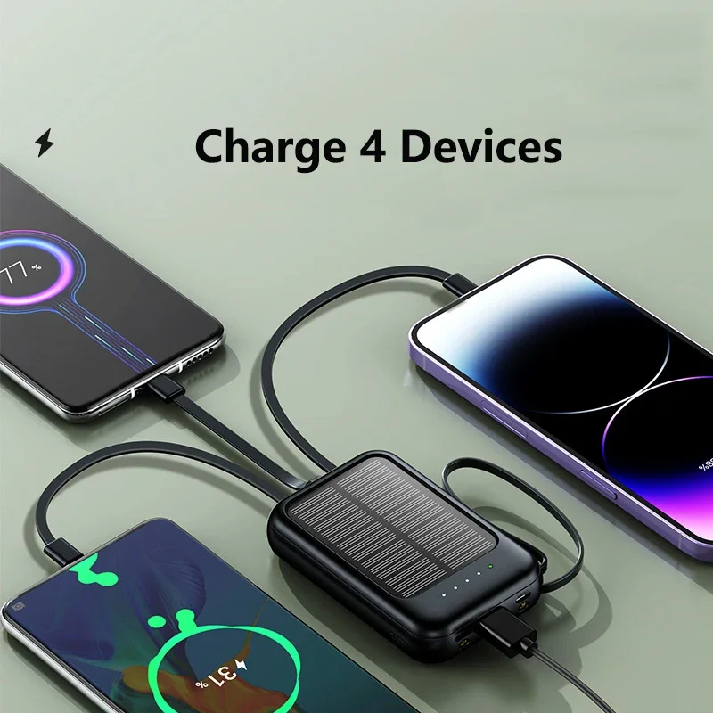 Lenovo 500000mAh Solar Power Bank High Capacity Super Fast Charging Built in 4 Cables Powerbank Outdoor Spare Battery For Phones thumbnail 5