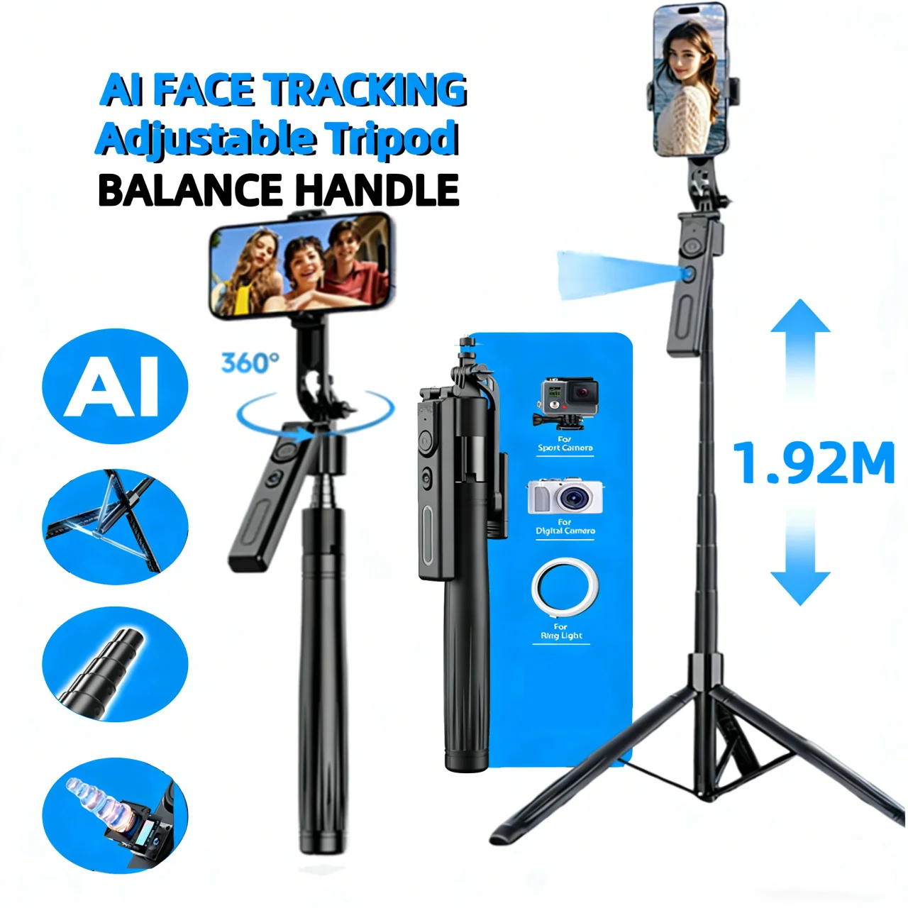Tripod for Mobile Phone 360°Auto-Rotation Shooting Tripod Selfie Stick Phone Stand AI Face Following, with Remote Control