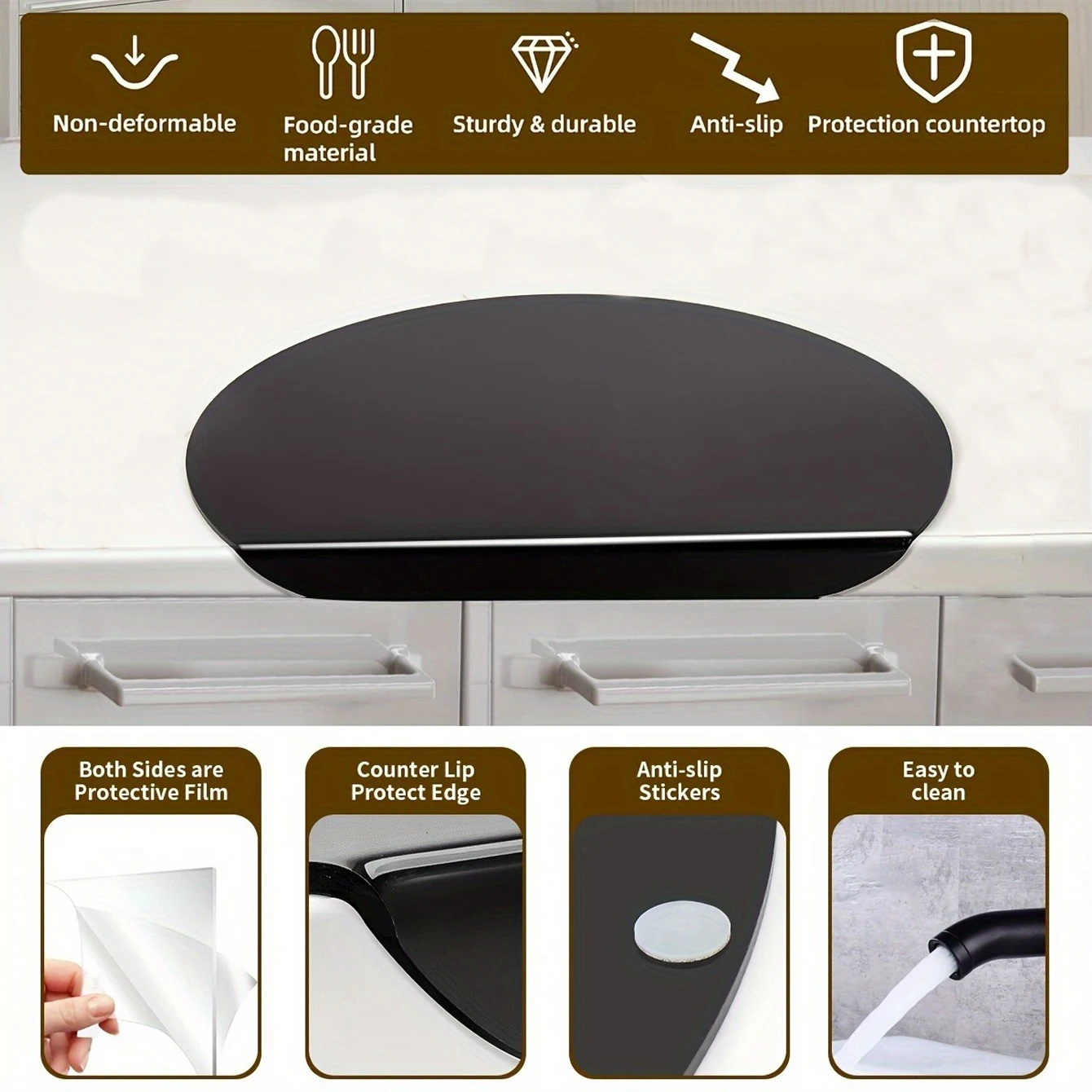 Transparent black cutting board, circular cutting board, dining mat, hygienic and lightweight, with countertop lip - non slip, e thumbnail 4