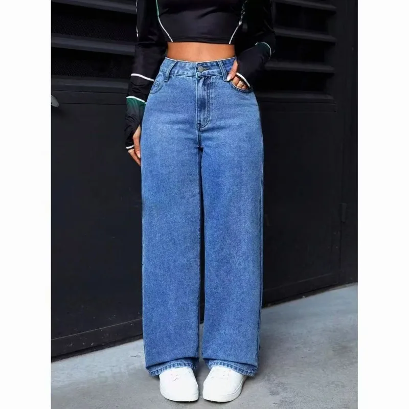 High-Waisted Straight-Leg Jeans Women's Pants Loose Fit American Blue Washed Fashion with Front & Back Pockets Daily Casual Wear thumbnail 2