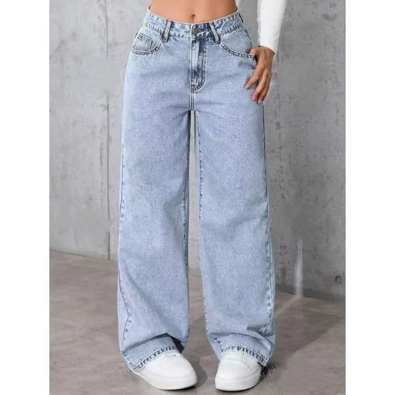 High-Waisted Straight-Leg Jeans Women's Pants Loose Fit American Blue Washed Fashion with Front & Back Pockets Daily Casual Wear thumbnail 4