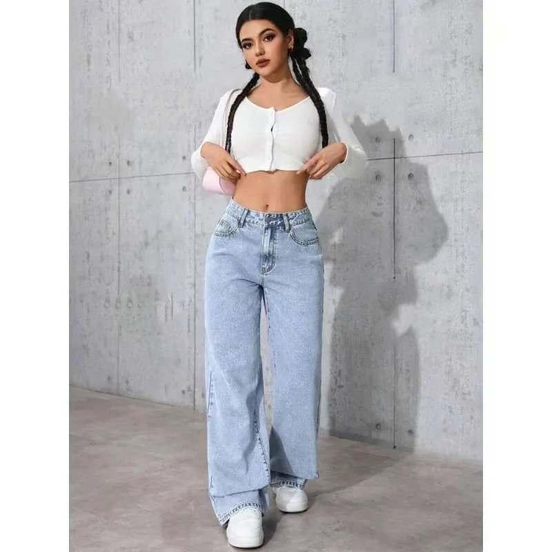 High-Waisted Straight-Leg Jeans Women's Pants Loose Fit American Blue Washed Fashion with Front & Back Pockets Daily Casual Wear thumbnail 3