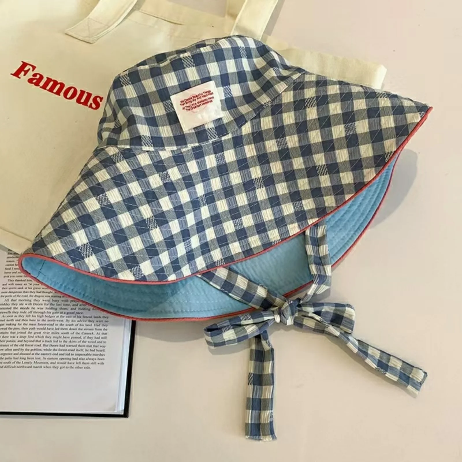 1PC Women Summer UV Protection Wide Brim Sun Hats With Chin Strap Cute Pastel Plaid Beach Hat For Outdoor Travel & Daily Wear thumbnail 4