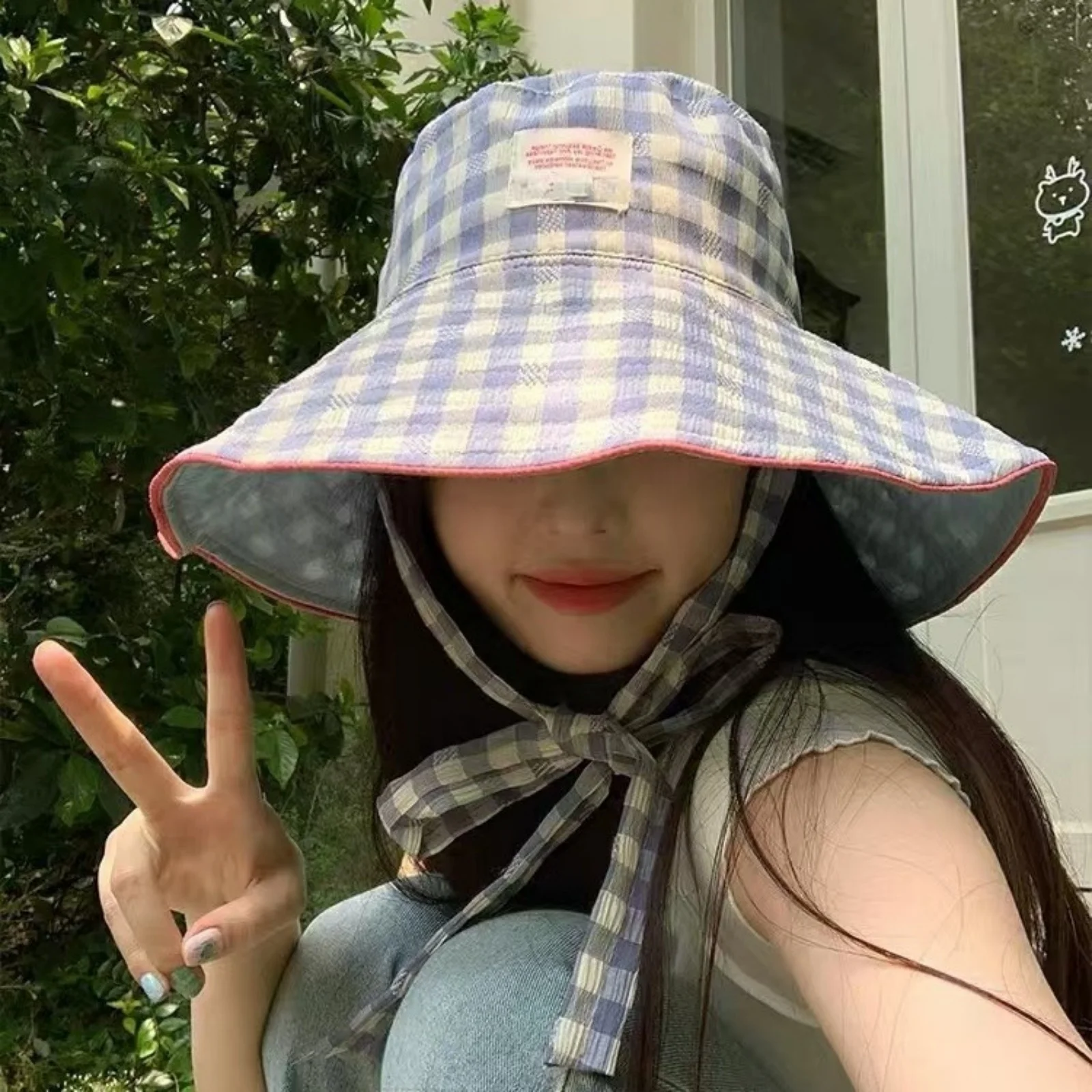 1PC Women Summer UV Protection Wide Brim Sun Hats With Chin Strap Cute Pastel Plaid Beach Hat For Outdoor Travel & Daily Wear