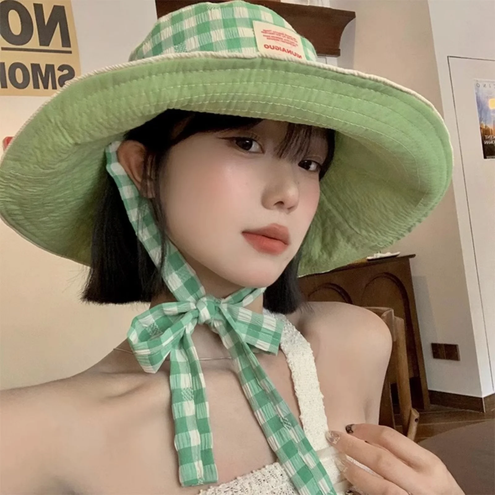 1PC Women Summer UV Protection Wide Brim Sun Hats With Chin Strap Cute Pastel Plaid Beach Hat For Outdoor Travel & Daily Wear thumbnail 5