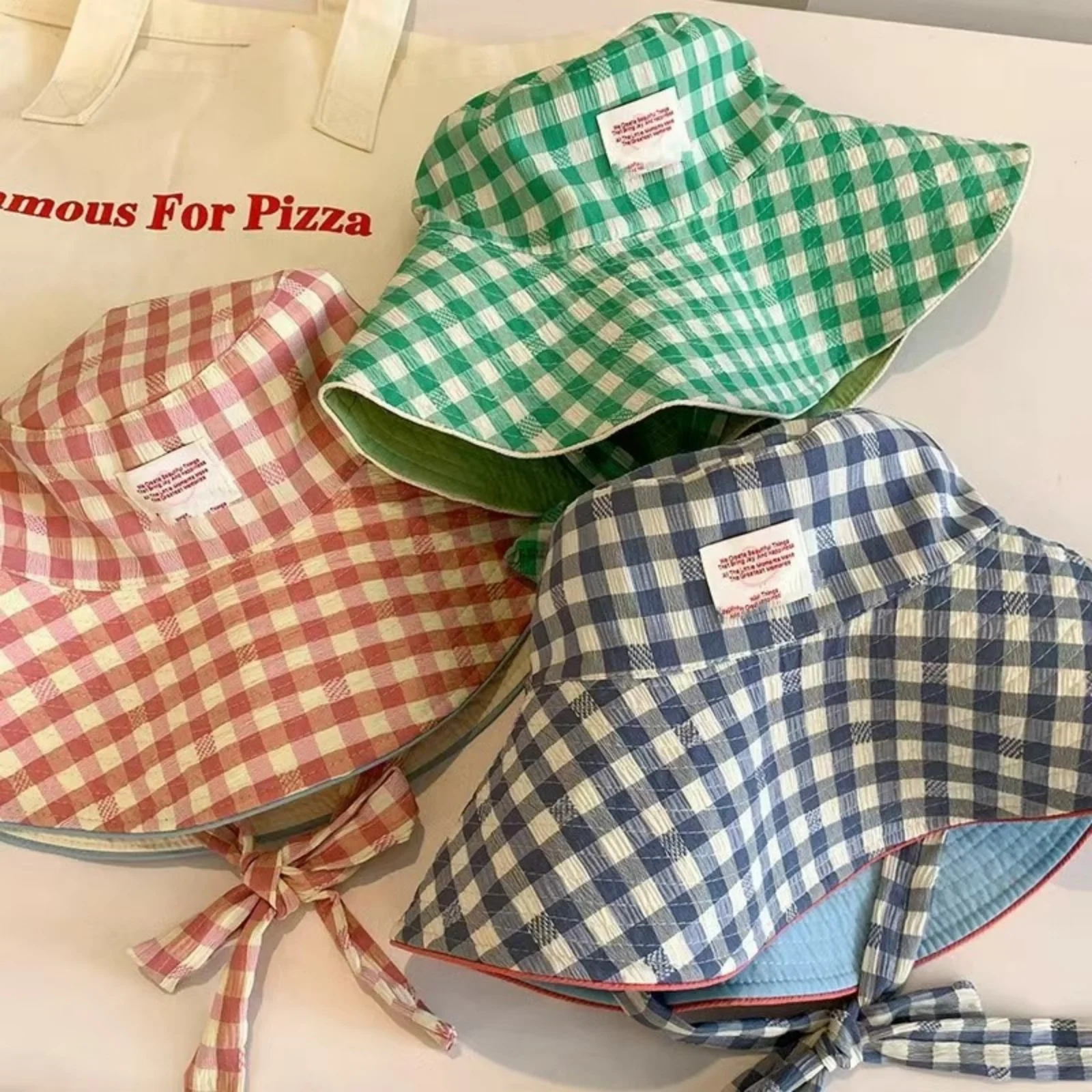 1PC Women Summer UV Protection Wide Brim Sun Hats With Chin Strap Cute Pastel Plaid Beach Hat For Outdoor Travel & Daily Wear thumbnail 2