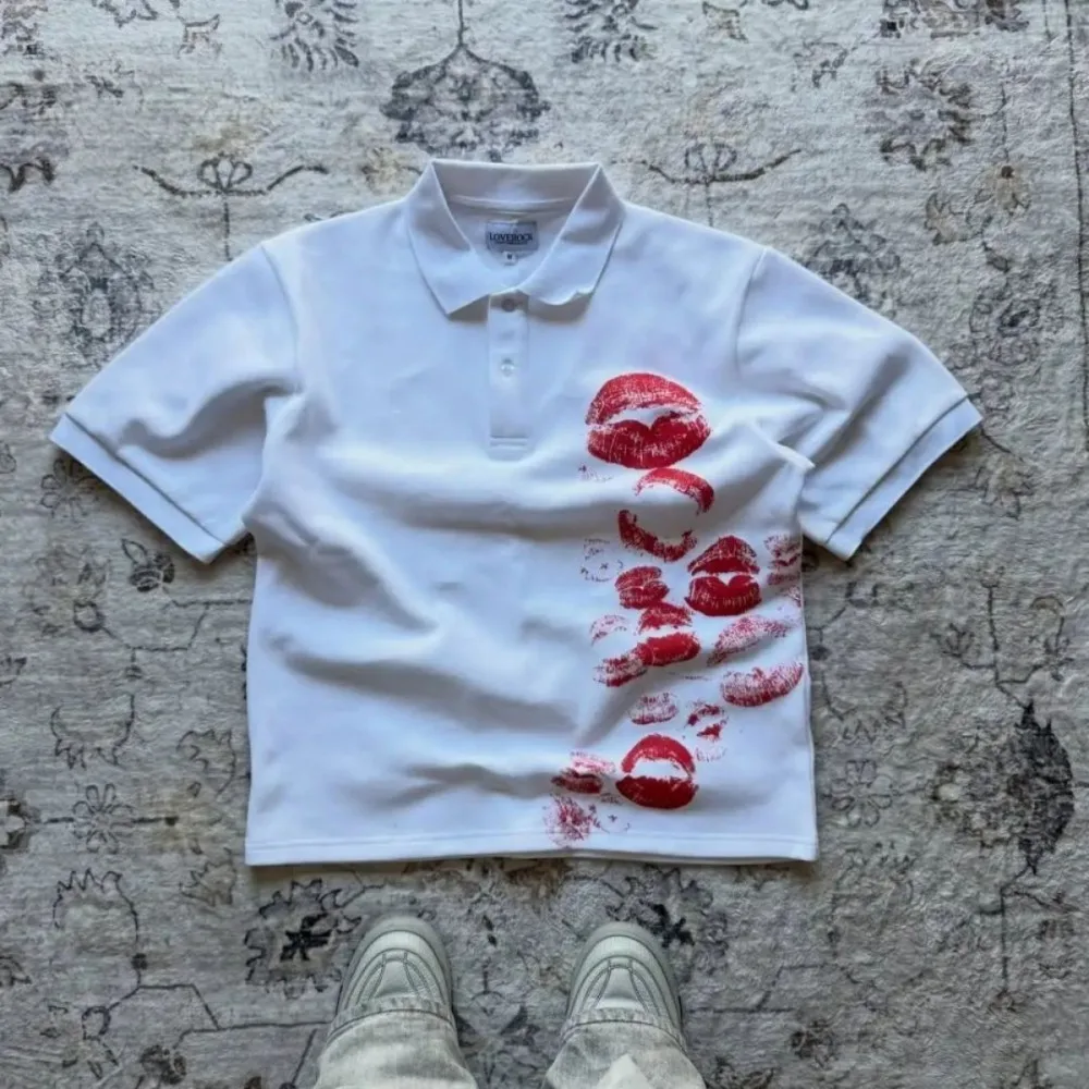 European and American men's summer personalized totem lip print soft and breathable polo short sleeved T-shirt outdoor casual to thumbnail 2