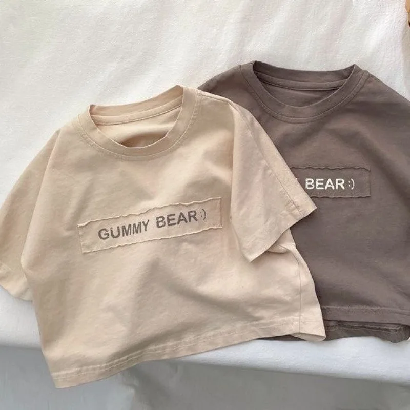 Boys Kids Cotton T-shirt Short Sleeve Cute Letters Fashion O-neck Pullover Baby Children Tops Sweatshirt 1-7T thumbnail 3