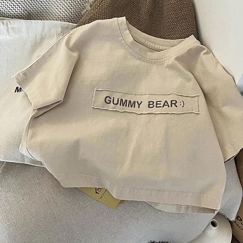 Boys Kids Cotton T-shirt Short Sleeve Cute Letters Fashion O-neck Pullover Baby Children Tops Sweatshirt 1-7T thumbnail 4