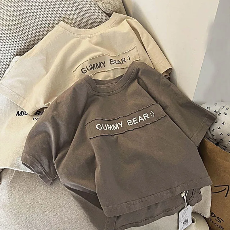 Boys Kids Cotton T-shirt Short Sleeve Cute Letters Fashion O-neck Pullover Baby Children Tops Sweatshirt 1-7T thumbnail 2