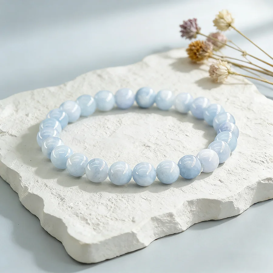 5A Natural Stone Aquamarine Blue Chalcedony Beads Bracelets Women Original Reiki Healing Round Stone Strand Bangles Friend Gift