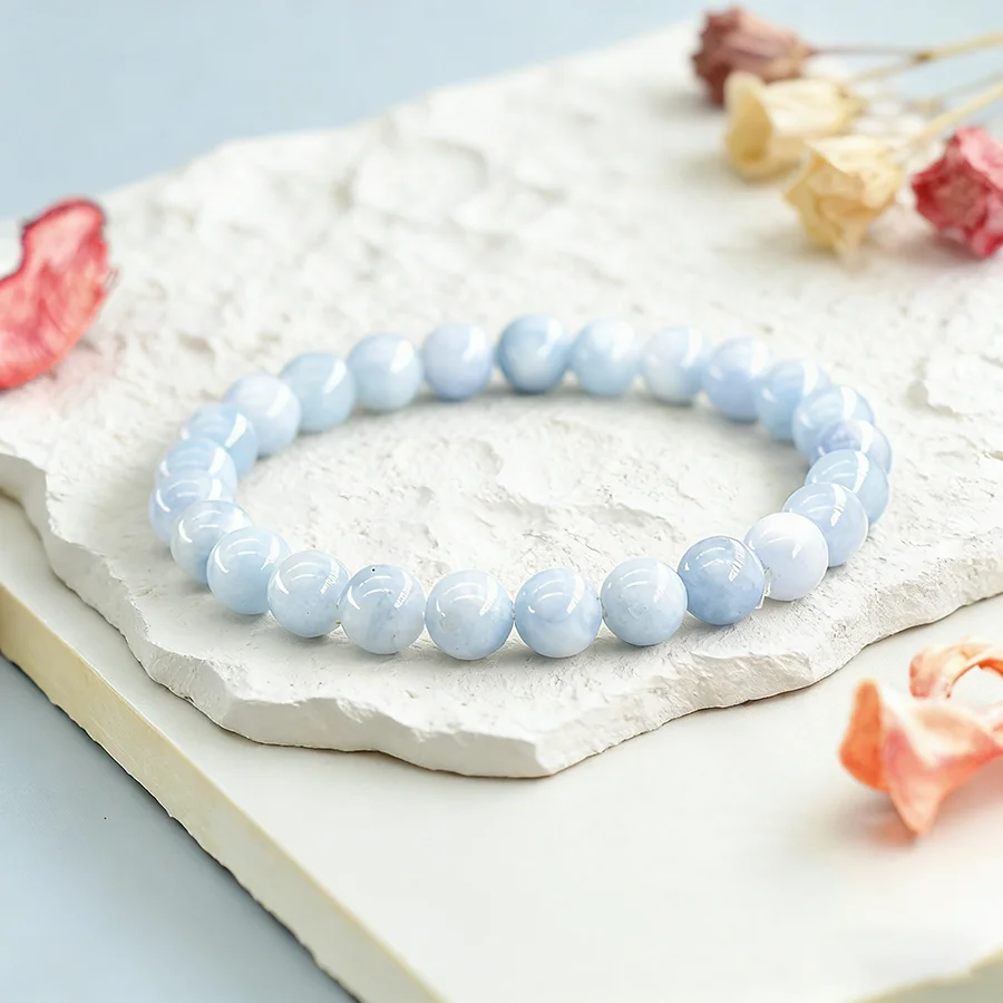 5A Natural Stone Aquamarine Blue Chalcedony Beads Bracelets Women Original Reiki Healing Round Stone Strand Bangles Friend Gift thumbnail 2