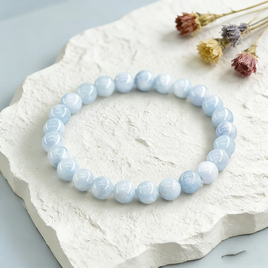 5A Natural Stone Aquamarine Blue Chalcedony Beads Bracelets Women Original Reiki Healing Round Stone Strand Bangles Friend Gift thumbnail 4