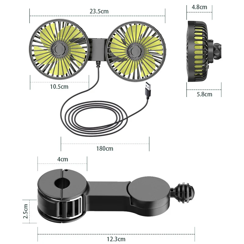 USB Car Cooling Fans for Backseat: Dual Head Car Fan 3 Speeds 360° Rotatable  5V/2A Circulation Fan for Sedan SUV RV Truck thumbnail 4