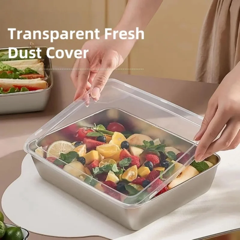 3pcs Stainless Steel Home Food Storage Container Rectangle Dish with Cover Noodles Fruit Tray Lunch Box Thick Food Container thumbnail 2
