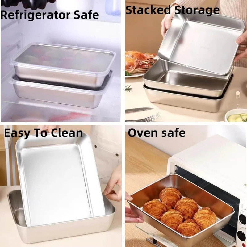 3pcs Stainless Steel Home Food Storage Container Rectangle Dish with Cover Noodles Fruit Tray Lunch Box Thick Food Container thumbnail 6