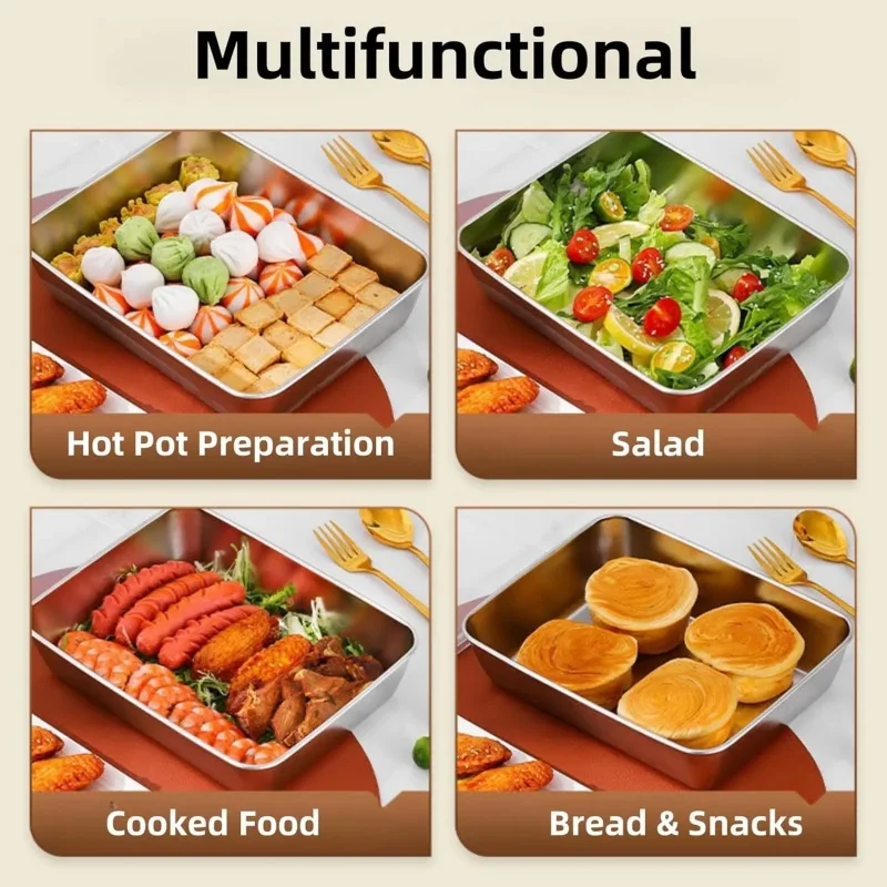 3pcs Stainless Steel Home Food Storage Container Rectangle Dish with Cover Noodles Fruit Tray Lunch Box Thick Food Container thumbnail 4