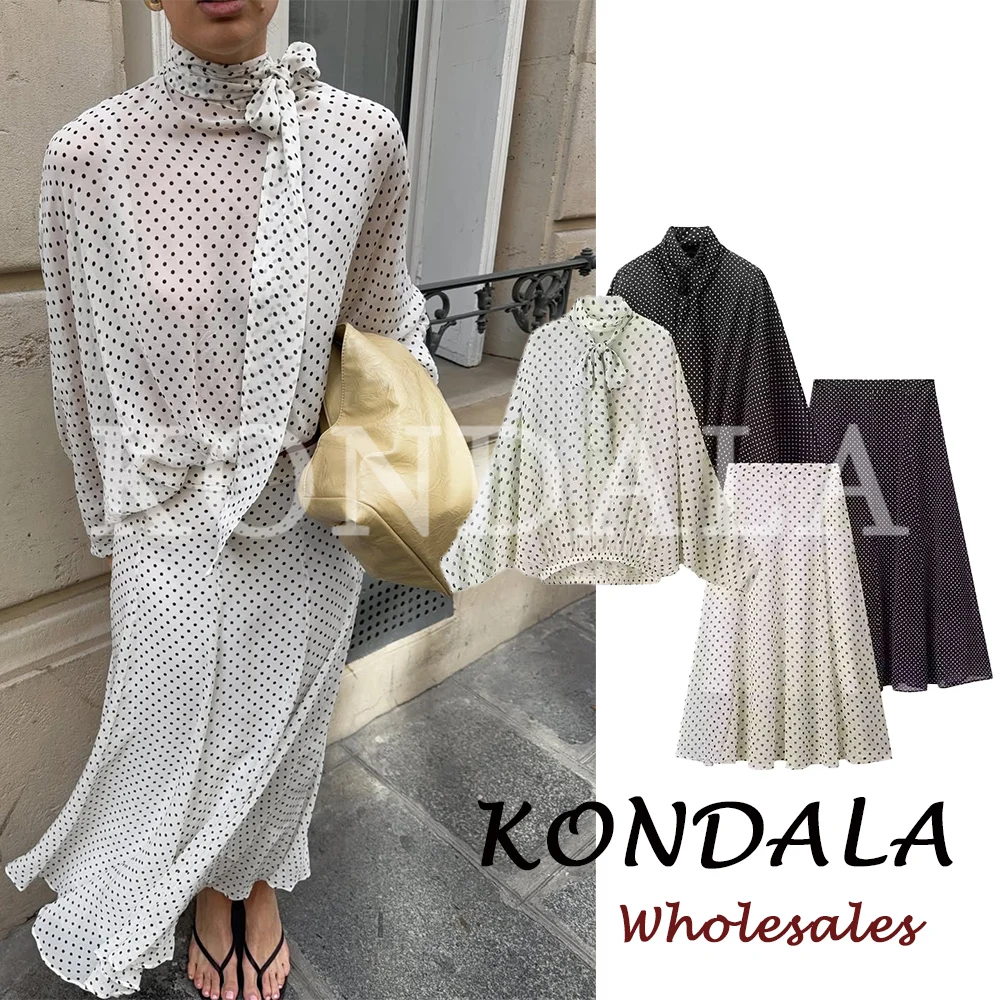 KONDALA Chic Women Casual Polka Dot Suits Bow Loose Elegant Shirt+Draped Long Midi Skirt Fashion 2026 Streetwear Female Sets