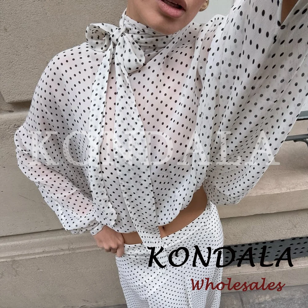 KONDALA Chic Women Casual Polka Dot Suits Bow Loose Elegant Shirt+Draped Long Midi Skirt Fashion 2026 Streetwear Female Sets thumbnail 5