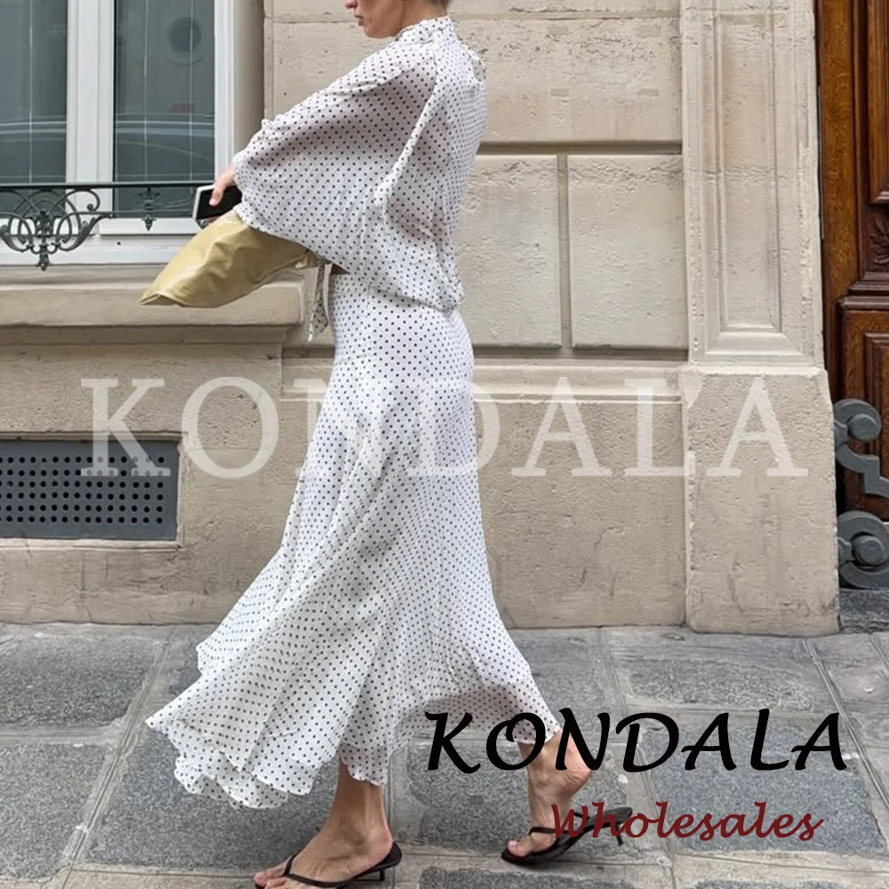 KONDALA Chic Women Casual Polka Dot Suits Bow Loose Elegant Shirt+Draped Long Midi Skirt Fashion 2026 Streetwear Female Sets thumbnail 2
