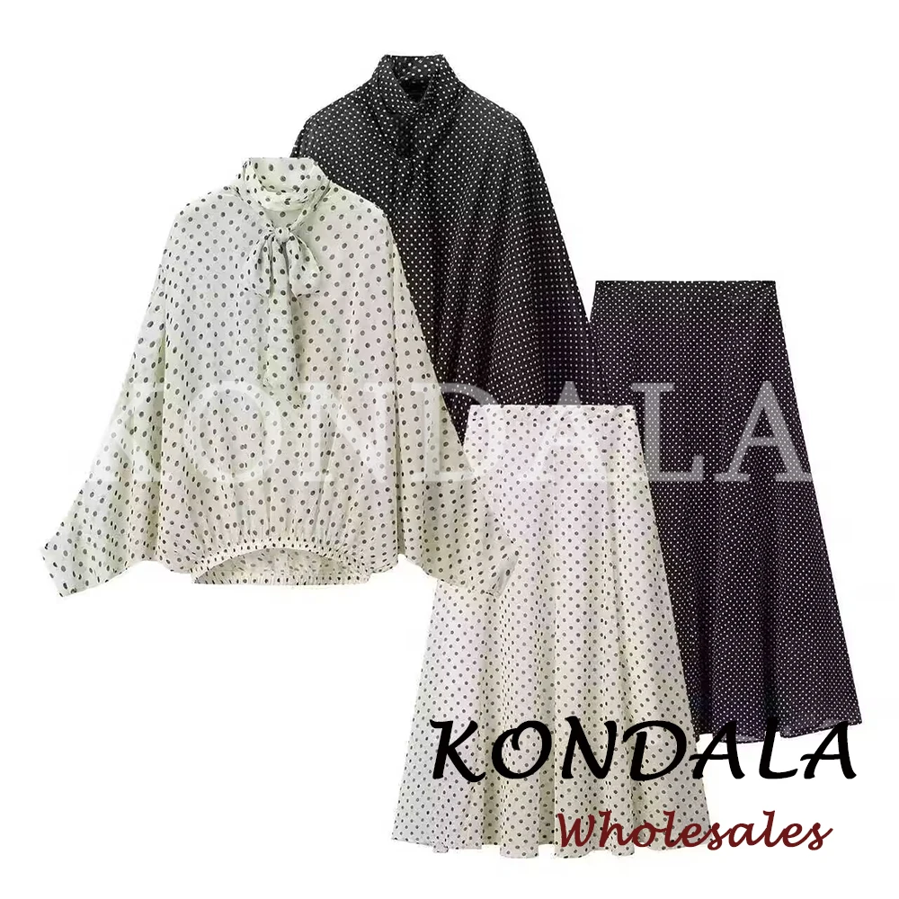 KONDALA Chic Women Casual Polka Dot Suits Bow Loose Elegant Shirt+Draped Long Midi Skirt Fashion 2026 Streetwear Female Sets thumbnail 6