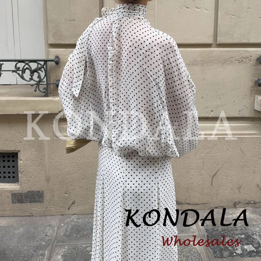 KONDALA Chic Women Casual Polka Dot Suits Bow Loose Elegant Shirt+Draped Long Midi Skirt Fashion 2026 Streetwear Female Sets thumbnail 3