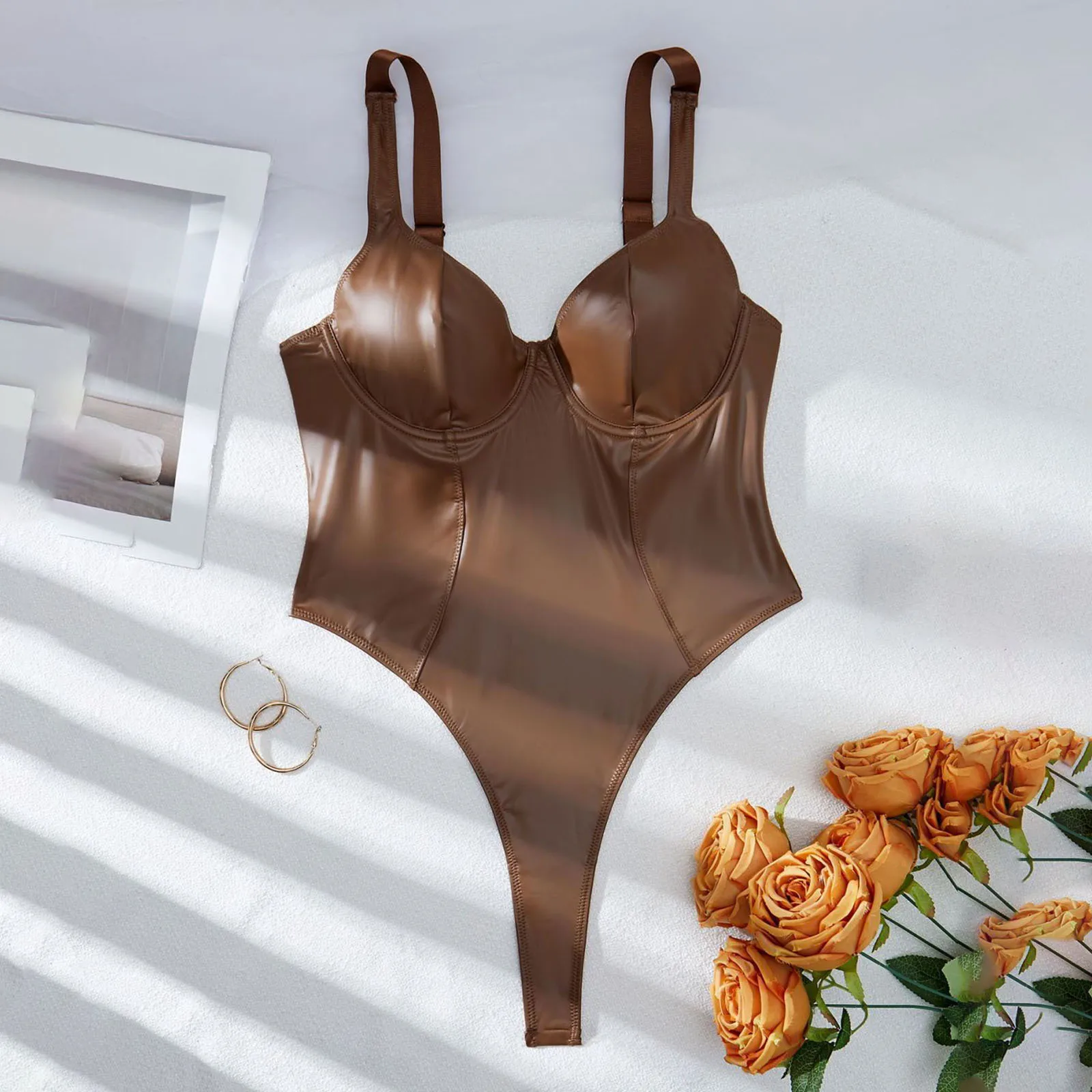 Women's Women Sexy PU Lingerie Bodysuit Sleeveless V Neck High Cut Summer Party Club Retro Tank Top Shapewear