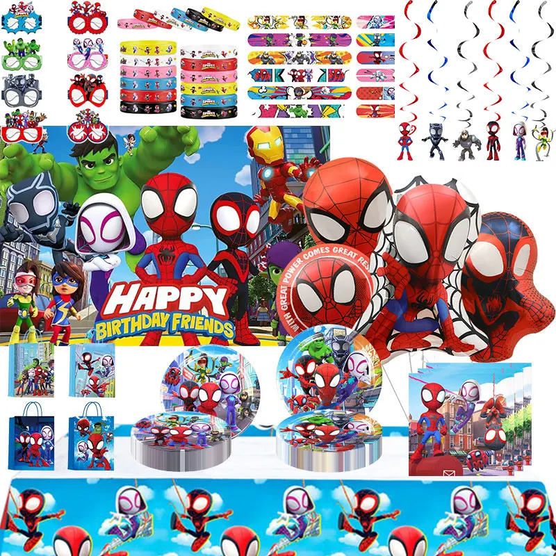 Spidey and Friends Birthday Decoration Party Favors Tableware Set Cup Plate Balloons Banner Gift Bag Cake Topper Supplies Kids