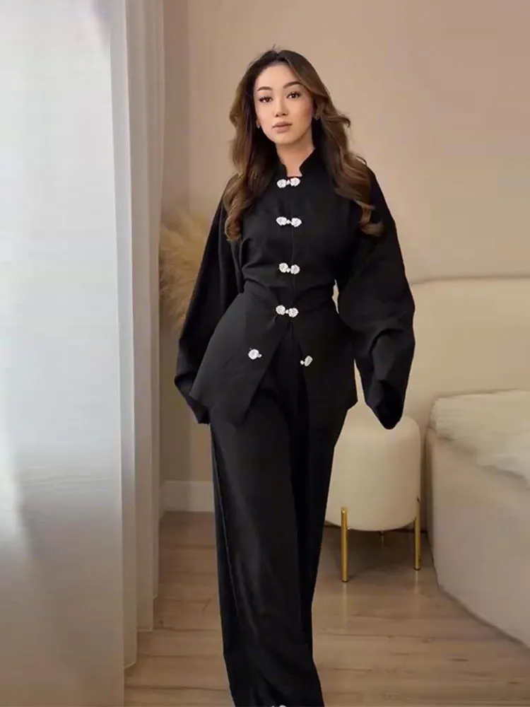 Fashion Women's Linen Frog Buttons Top Pants Sets Stand Collar Mandarin Shirt Wide Leg Pant 2026 Spring Summer Lady Holiday Suit thumbnail 5