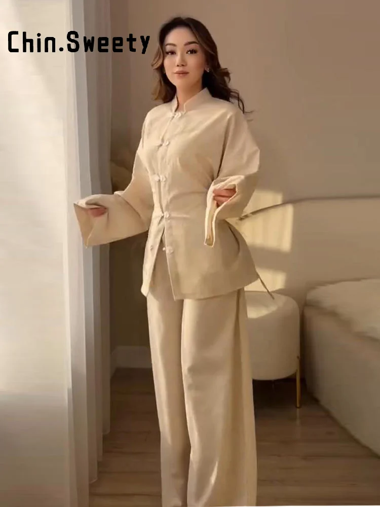 Fashion Women's Linen Frog Buttons Top Pants Sets Stand Collar Mandarin Shirt Wide Leg Pant 2026 Spring Summer Lady Holiday Suit thumbnail 3