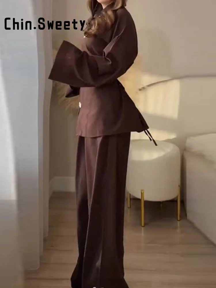 Fashion Women's Linen Frog Buttons Top Pants Sets Stand Collar Mandarin Shirt Wide Leg Pant 2026 Spring Summer Lady Holiday Suit thumbnail 2