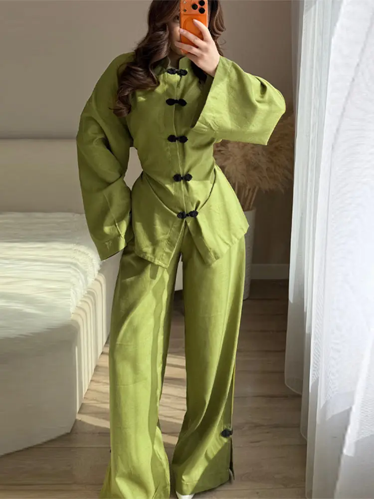 Fashion Women's Linen Frog Buttons Top Pants Sets Stand Collar Mandarin Shirt Wide Leg Pant 2026 Spring Summer Lady Holiday Suit thumbnail 4