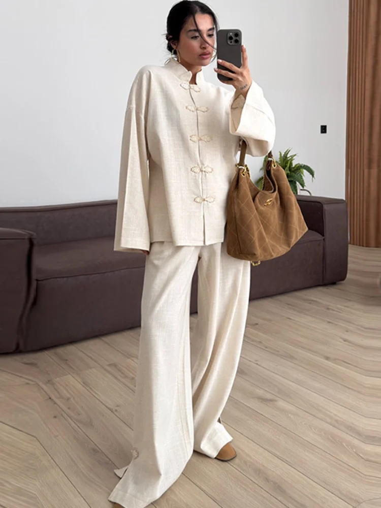Fashion Women's Linen Frog Buttons Top Pants Sets Stand Collar Mandarin Shirt Wide Leg Pant 2026 Spring Summer Lady Holiday Suit thumbnail 6
