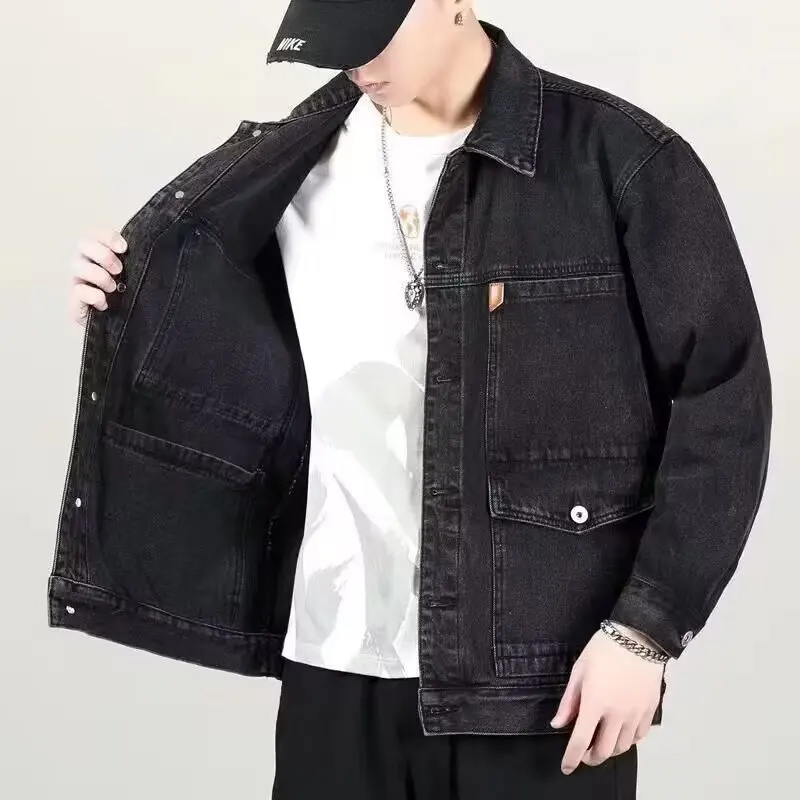 Spring Autumn Loose Men's Denim Jacket Versatile Casual Workwear Jacket American Style Cotton Pure Color Long Sleeve Coat