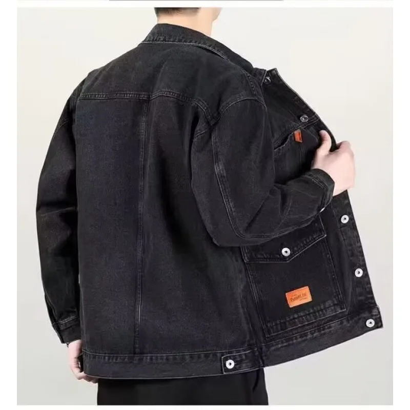 Spring Autumn Loose Men's Denim Jacket Versatile Casual Workwear Jacket American Style Cotton Pure Color Long Sleeve Coat thumbnail 5