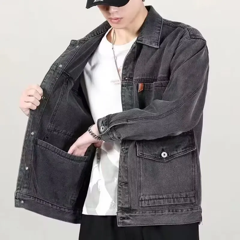 Spring Autumn Loose Men's Denim Jacket Versatile Casual Workwear Jacket American Style Cotton Pure Color Long Sleeve Coat thumbnail 2
