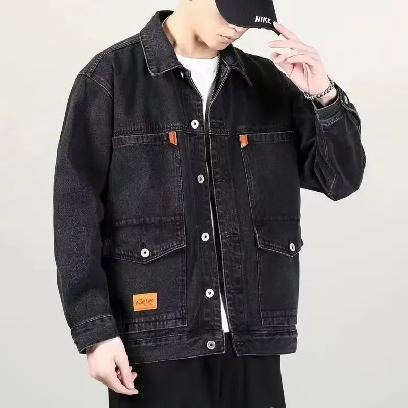 Spring Autumn Loose Men's Denim Jacket Versatile Casual Workwear Jacket American Style Cotton Pure Color Long Sleeve Coat thumbnail 4